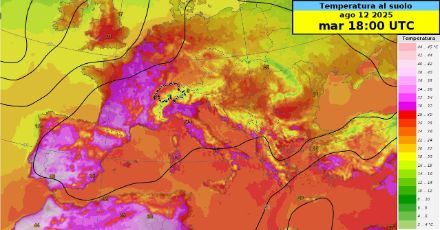Fig. 4: temperature massime previste in Europa martedì 12 agosto 2025 dal modello IFS / ECMWF.