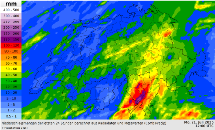 Fig. 4: Accumulo totale dell’evento di forti precipitazioni fra il 20 e il 21 luglio 2025, secondo l’algoritmo CombiPrecip (combinazione d misure pluviometriche al suolo e radaristiche)