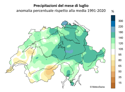 Fig. 3: Somma delle precipitazioni del mese di luglio 2025 in Svizzera, rappresentata come anomalia rispetto alla norma 1991-2020. Fonte: MeteoSvizzera
