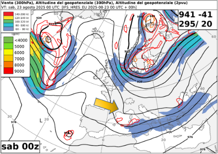 Geopotenziale a 300 hPa alle ore 00.00 UTC del 23.8.2025. 