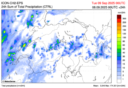 Mappa meteorologica della Svizzera con previsioni delle precipitazioni (ICON-CH2-EPS). Rappresentazione cromatica delle precipitazioni totali nelle 24 ore fino a 300 mm. Si notano celle di precipitazioni più intense soprattutto a sud e a ovest.