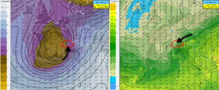Situazione meteorologica prevista per martedì prossimo, 23 settembre 2025, secondo il modello meteorologico IFS. A sinistra: venti (frecce) e temperatura dell'aria a circa 5500 m di altitudine. A destra: venti e temperatura dell'aria a circa 1500 m. Le frecce nere spesse indicano schematicamente la direzione del vento alla corrispondente altitudine. In questo modo è possibile visualizzare schematicamente la situazione di controcorrente.
