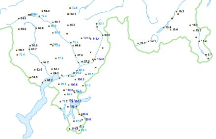 Fig. 3. Accumuli di pioggia sulle 12 ore tra domenica 21 settembre alle 21:00 e lunedì 22 settembre ore 09:00.