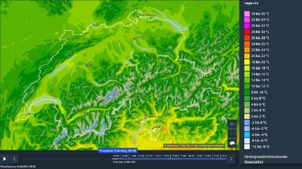 Mappa delle temperature in Svizzera con scala cromatica.