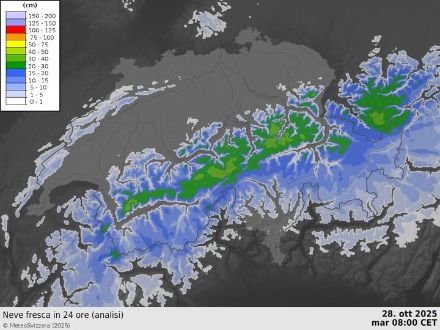 Mappa della Svizzera con la distribuzione della neve fresca in 24 ore.