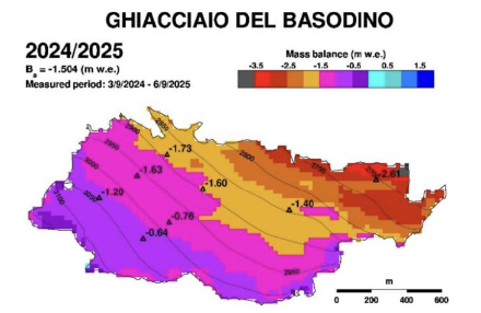 Figura 2: Distribuzione spaziale della perdita di ghiaccio nell’anno idrologico 2024/24 sul ghiacciaio del Basodino.