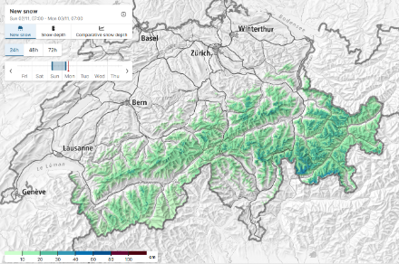 Cartina della Svizzera con la stima della neve nuova misurata in 24 ore fra domenica 2.11.2025 alle ore 07.00 e lunedì 3.11.2025 alla medesima ora.