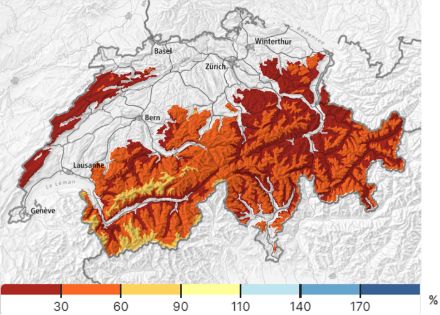 Fig. 3. Altezza di neve relativa, considerando la giornata del 27 dicembre (periodo di riferimento 1991-2020). Fonte: https://whiterisk.ch/it/conditions/snow-maps/comparative_snow_depth