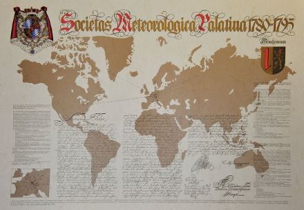 Nell’immagine si osserva la rete di rilevamento della Società Meteorologica Palatina, che aveva dei siti di osservazione sparsi in tutto il mondo.