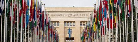 La facciata anteriore del Palais des Nations a Ginevra con le bandiere.