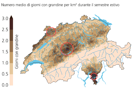 Una cartina che mostra la frequenza della grandine in Svizzera e i siti approssimativi degli 80 nuovi sensori di rilevamento della grandine.