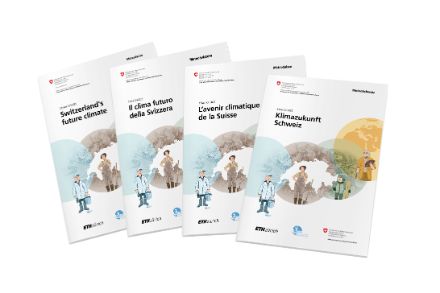 Copertine della brochure Clima CH2025 in tedesco, francese, italiano e inglese.