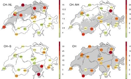 4 grafici con le 19 stazioni svizzere di riferimento e la loro ponderazione per il calcolo della temperatura media. I valori vanno dall’1 al 14%, con punte del 30% per le singole sotto regioni.