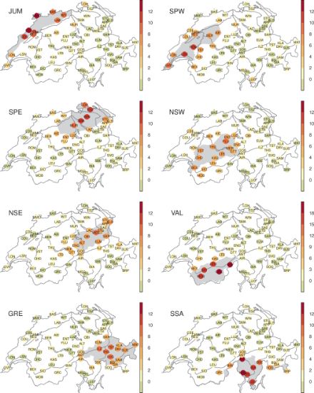 8 grafici con le 68 stazioni di rilevamento rappresentate sulla cartina della Svizzera. I pesi sono indicati dai diversi colori e sono generalmente compresi fra meno del 2 e il 14 %, raggiungendo il 24 % in Vallese.