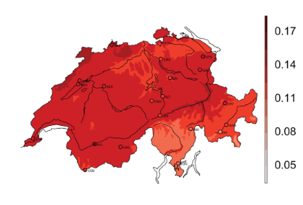  	Carta della Svizzera in diverse tonalità di rosso: rosso scuro per la Svizzera nord-occidentale dove l’aumento della temperatura è maggiore e rosso più pallido per il Ticino dove esso è minore.