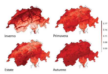  	Viene raffigurata una carta della Svizzera per ogni stagione. Le regioni hanno un colore che varia tra il rosso pallido e il rosso scuro in funzione dell’entità del riscaldamento.