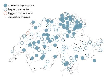 Su una carta della Svizzera, quasi tutte le stazioni sono indicate con un cerchio (rispettivamente un anello) verde-blu, che corrisponde a un aumento significativo o leggero dell’accumulo massimo giornaliero delle precipitazioni o a un aumento della frequenza delle forti precipitazioni giornaliere.
