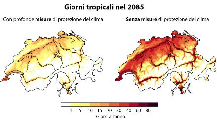 Due carte della Svizzera con l’indicazione codificata a colori del numero di giorni tropicali previsti nel 2085, con e senza provvedimenti di protezione del clima.