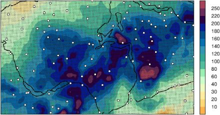  	L'immagine mostra un esempio di analisi spaziale del clima. Il riquadro della Svizzera centrale mostra la somma delle precipitazioni tra il 21 ed il 22. agosto 2005. I valori vanno da 10 a 250 millimetri.