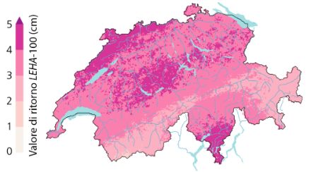 La figura mostra una cartina della Svizzera con i valori di ritorno della grandine di specifiche dimensioni LEHA. In Ticino, nella regione del Napf e lungo il massiccio del Giura si raggiungono valori nell’ordine di 4-5 cm, nelle aree alpine dei Grigioni e del Vallese di 2-3 cm e nelle restanti regioni perlopiù di 3-4 cm.