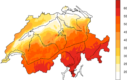 Cartina della Svizzera con la distribuzione del soleggiamento normale.