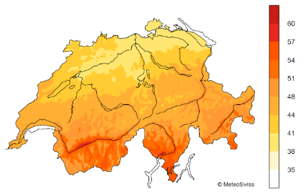 Carta della Svizzera con indicazione codificata a colori della radiazione globale. Nelle Alpi e in Engadina essa è superiore a 180 W/m2. Sull’Altopiano la radiazione globale varia tra 130 e 160 W/m2.