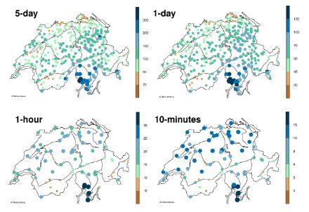 Carta della Svizzera con la media degli accumuli massimi annuali. I valori più elevati sono stati osservati in Ticino e quelli più bassi nelle vallate alpine interne. Per le durate su uno o più giorni, piogge intense si sviluppano anche sul versante nordalpino. La conformazione orografica sembra avere una minore rilevanza per le durate inferiori.