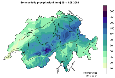 Carta della Svizzera in cui sono indicati i cumuli delle precipitazioni su 5 giorni con una scala di colori.