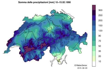 Carta della Svizzera in cui sono indicati il cumulo delle precipitazioni su 5 giorni con una scala di colori.