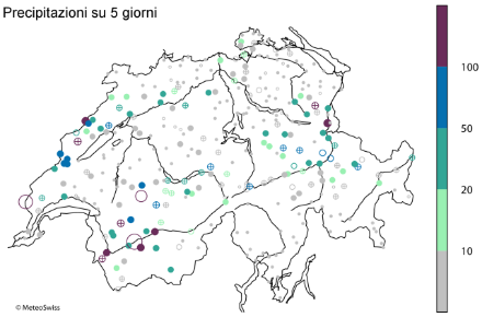 Carta della Svizzera in cui sono indicati con cerchi colorati i periodi di ritorno dei cumuli delle precipitazioni su 5 giorni tra il 10 e il 15 febbraio 1990.