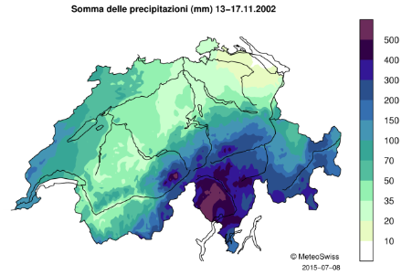 Carta della Svizzera in cui sono indicati il cumulo delle precipitazioni su 5 giorni con una scala di colori.
