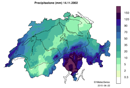 Carta della Svizzera in cui sono indicati i quantitativi di precipitazione giornalieri con una scala di colori.