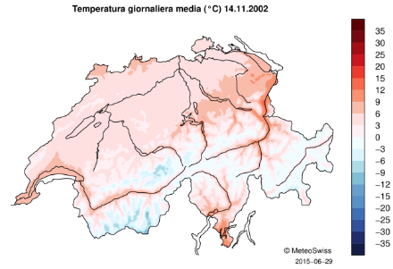 Carta della Svizzera in cui è indicata la temperatura media giornaliera con una scala di colori.