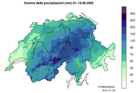 Carta della Svizzera in cui sono indicati i cumuli delle precipitazioni con una scala di colori.