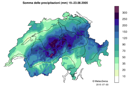 Carta della Svizzera in cui sono indicati i cumuli delle precipitazioni su 5 giorni con una scala di colori.