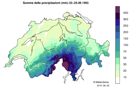 Carta della Svizzera in cui sono indicati i cumuli delle precipitazioni su 4 giorni con una scala di colori.
