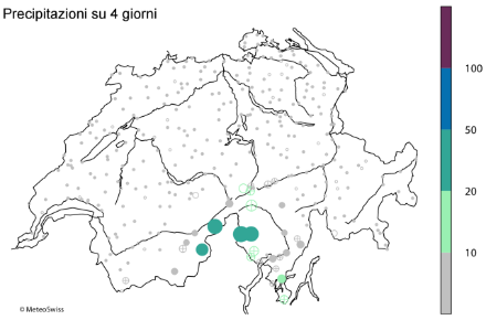 Carta della Svizzera in cui sono indicati con cerchi colorati i periodi ritorno dei cumuli delle precipitazioni su 4 giorni tra il 22 e il 25 settembre 1993.