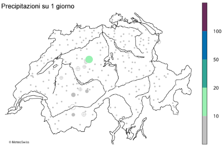 Carta della Svizzera in cui sono indicati con cerchi colorati i periodi ritorno del cumulo delle precipitazioni su 1 giorno tra il 24 e il 28 luglio 2014.