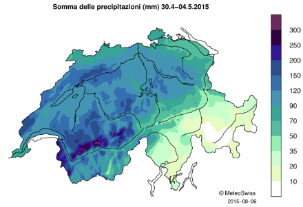 Carta della Svizzera in cui sono indicati i cumuli delle precipitazioni su 5 giorni con una scala di colori.