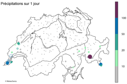 Carta della Svizzera in cui sono indicati con cerchi colorati i periodi ritorno dei cumuli delle precipitazioni su 1 giorno per il 14 novembre 2002.