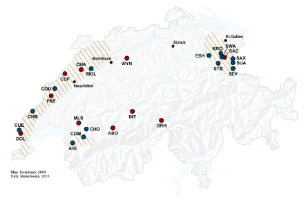 Carta della Svizzera in cui le regioni interessate dall’evento sono indicate con un tratteggio e le stazioni utilizzate per l’analisi dell’evento e alcune città svizzere con punti.