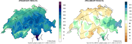 Due mappe della Svizzera con i fiumi e i laghi più grandi. Le carte mostrano all'interno dei confini nazionali la somma mensile delle precipitazioni (a sinistra) e il rapporto rispetto al periodo di riferimento 1991-2020 (a destra) per questo mese.
