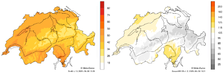 Due mappe della Svizzera con i fiumi e i laghi più grandi. Le carte mostrano all'interno dei confini nazionali il rapporto fra la durata effettiva del soleggiamento e il massimo soleggiamento possibile (a sinistra) e il rapporto rispetto al periodo di riferimento 1991-2020 (a destra) per questo mese.