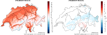 Due mappe della Svizzera con i fiumi e i laghi più grandi. Le carte mostrano all'interno dei confini nazionali le temperature medie mensili (a sinistra) e le deviazioni rispetto al periodo di riferimento 1991-2020 (a destra) per questo mese.