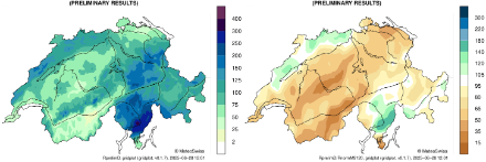 Due mappe della Svizzera con i fiumi e i laghi più grandi. Le carte mostrano all'interno dei confini nazionali la somma mensile delle precipitazioni (a sinistra) e il rapporto rispetto al periodo di riferimento 1991-2020 (a destra) per questo mese.