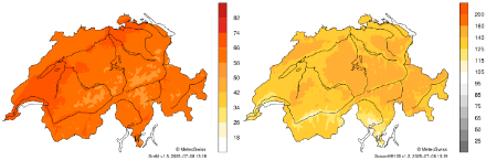Due mappe della Svizzera con i fiumi e i laghi più grandi. Le carte mostrano all'interno dei confini nazionali il rapporto fra la durata effettiva del soleggiamento e il massimo soleggiamento possibile (a sinistra) e il rapporto rispetto al periodo di riferimento 1991-2020 (a destra) per questo mese.
