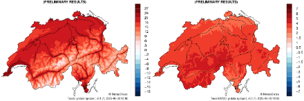 Due mappe della Svizzera con i fiumi e i laghi più grandi. Le carte mostrano all'interno dei confini nazionali le temperature medie mensili (a sinistra) e le deviazioni rispetto al periodo di riferimento 1991-2020 (a destra) per questo mese.