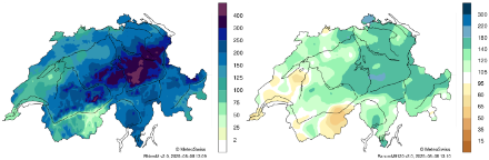 Due mappe della Svizzera con i fiumi e i laghi più grandi. Le carte mostrano all'interno dei confini nazionali la somma mensile delle precipitazioni (a sinistra) e il rapporto rispetto al periodo di riferimento 1991-2020 (a destra) per questo mese.