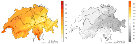 Due mappe della Svizzera con i fiumi e i laghi più grandi. Le carte mostrano all'interno dei confini nazionali il rapporto fra la durata effettiva del soleggiamento e il massimo soleggiamento possibile (a sinistra) e il rapporto rispetto al periodo di riferimento 1991-2020 (a destra) per questo mese.