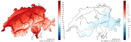Due mappe della Svizzera con i fiumi e i laghi più grandi. Le carte mostrano all'interno dei confini nazionali le temperature medie mensili (a sinistra) e le deviazioni rispetto al periodo di riferimento 1991-2020 (a destra) per questo mese.